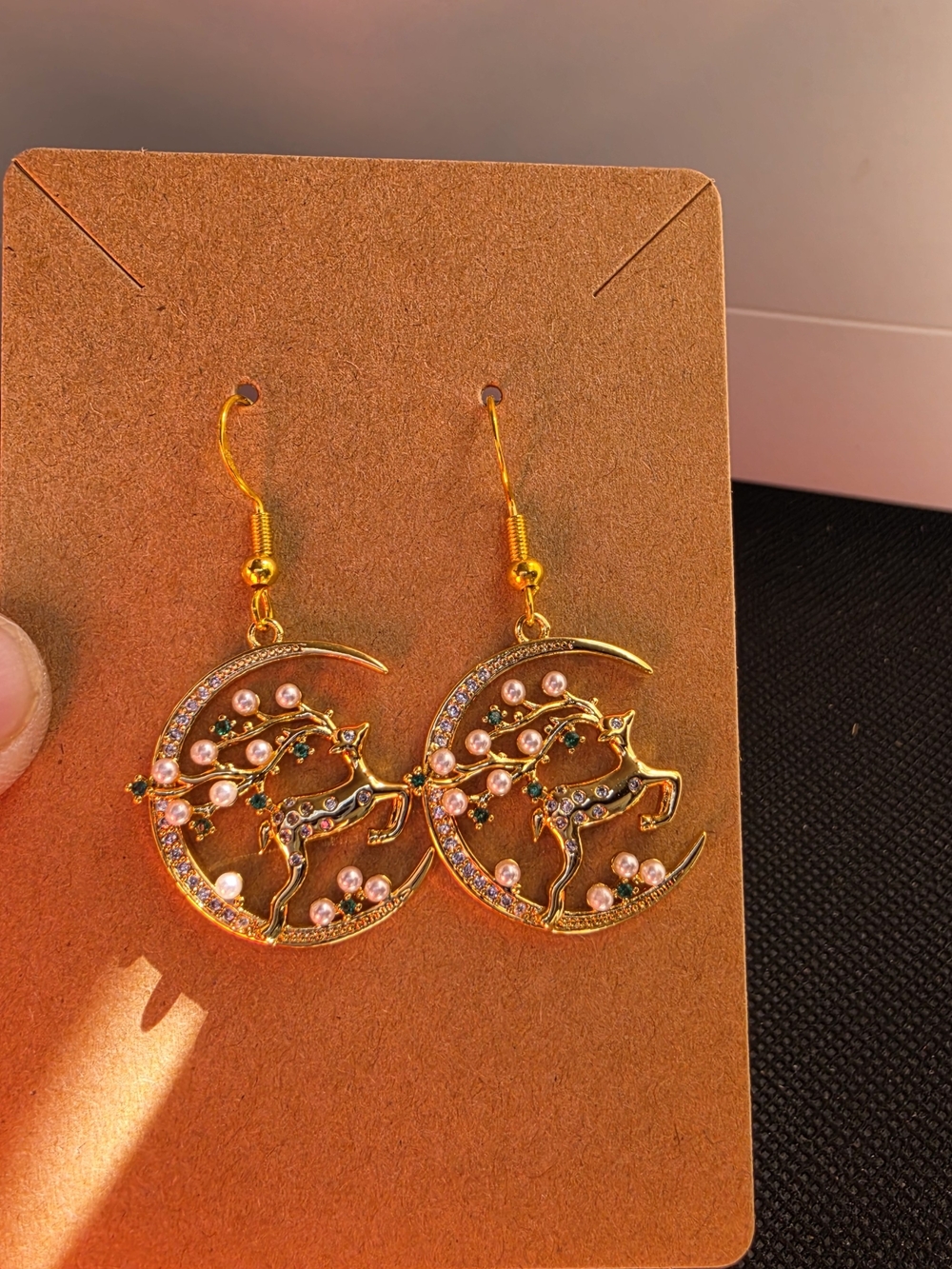 Gold Crescent Moon & Deer Drop Earrings with Pink Pearls - Women Jewelry